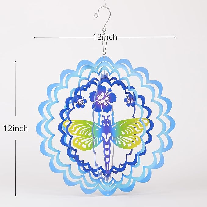 Kinetic 3D Metal Dragonfly Wind Spinner Hanging Ornament Worth Gift for Home and Garden - 12inch Dragonfly Mandala Kinetic Hanging Whirligigs Sun Catcher Windmills