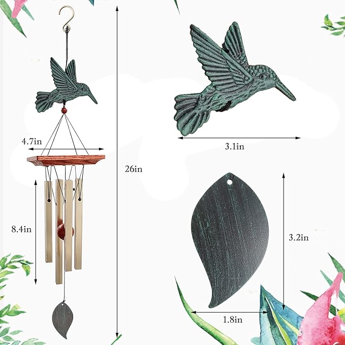 ASTARIN Hummingbird Wind Chimes Outdoor, Soothing Melody Wind Chimes with 4 Aluminum Tubes, Memorial Wind Chimes for Outside Unique Sympathy Gifts for Home Garden Patio Outdoor Decoration