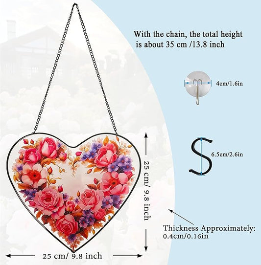 Heart - Shaped Pink Rose Stained Glass Window Hanging, 25cm/9.8in Sun Catcher for Home Garden Decor, Gift for Valentine's Day, Mother's Day (Rose)