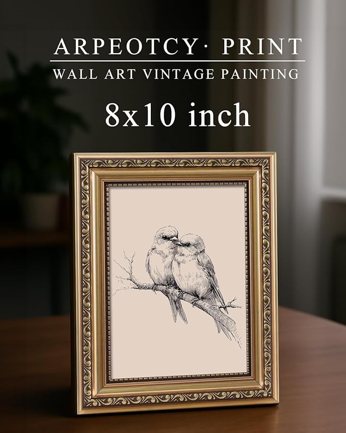 ARPEOTCY Vintage Gold Framed Wall Art, Sketch Birds in Love on a Branch Paintings, Small Canvas Prints Artwork with Frame, Victorian Wall Decor for Living Room Bathroom Bedroom Shelf, 8x10 inch