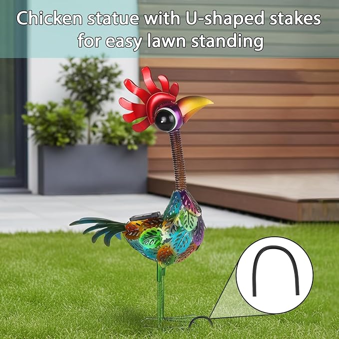 Outdoor Wacky Metal Rooster Garden Statue, Solar Wacky Rooster Yard Decor,Garden Decor for Outside,Solar Metal Chicken Statue for Patio,Porch,Yard,Lawn Ornament, Garden Chicken Gift