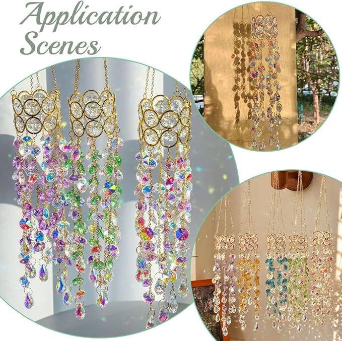 17.9In Crystal Wind Chimes Glass Crystal Suncatcher Prism Hanging Rainbow Maker Sun Catchers Octagonal Bead Chains Windchime for Window Hanging Ornaments Home Garden Decor Indoor Outdoor