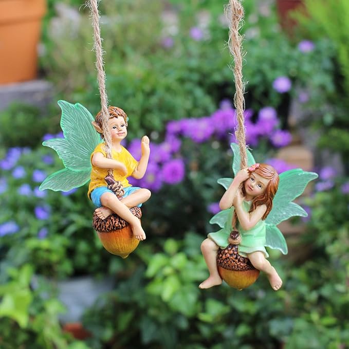 2PCS Hanging Fairies Garden Statue Decoration Boy & Girl Figurines Sitting on an Acorn with Luminous Wings Resin Micro Landscape Ornaments for Outdoor Farmhouse Patio Yard Tree Decor (D)