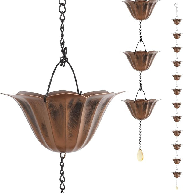 9FT Lotus Rain Chain, Rain Chains for Gutters with 12 Cups, Adjustable Rain Catcher Chain with Bell for Eaves Drainage, Replacement for Downspout