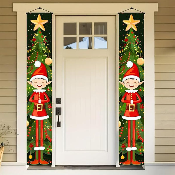 BlissYard Christmas Elf Door Banner 71x12 inch Christmas Tree Hanging Porch Banner Cute Holiday Decorations for Kids Front Door Xmas Party Fireplace Entryway Wall Decor Outdoor Sign