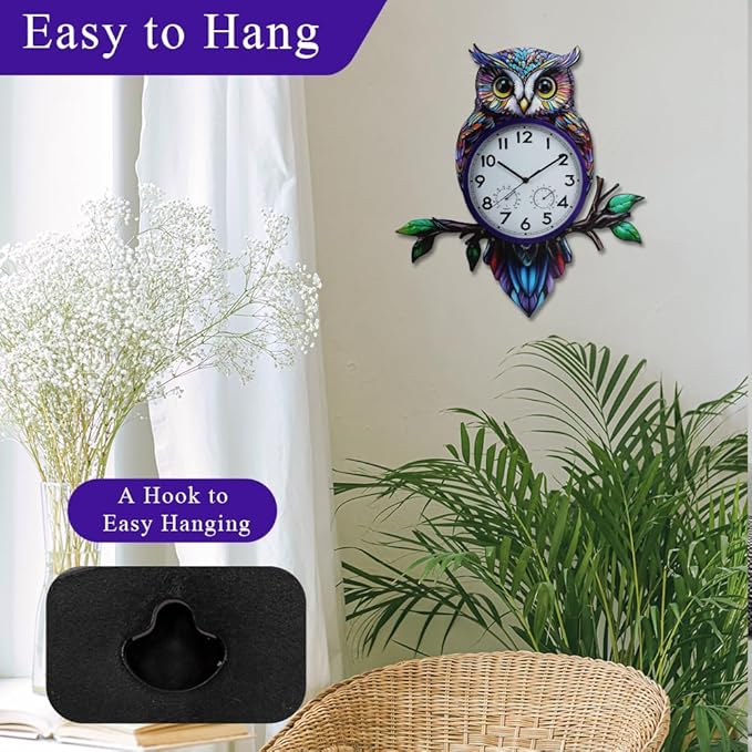 Large Outdoor Clock with Thermometer & Humidity, Owl Outdoor Wall Clock Silent No-Ticking Outside Clock for Patio, Living Room, Kitchen