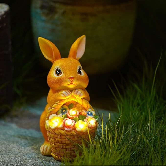 Fairy Garden Statues,Fairy Garden House with Solar Powerd Night Light,Yard Decorations Outdoor Fairy Garden Accessories Decor for Outside (Rabbit Flower Basket)