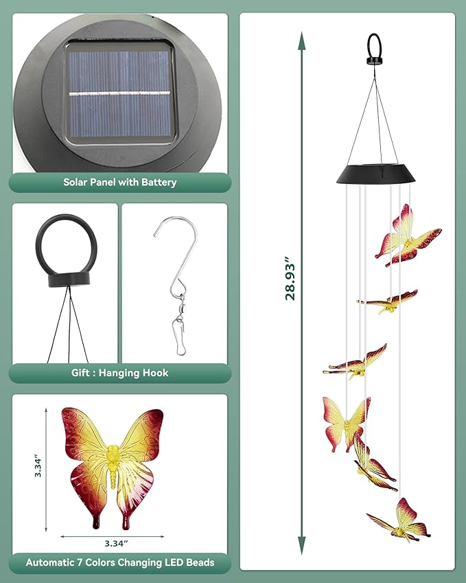 DOUBLEZHE Solar Wind Chimes for Outside, Color Changing Butterfly Wind Chime Outdoor Clearance, Birthday Gifts for Mom Women Grandma Wife Girls, Unique Decor Colorful Patio Yard Party Decoration