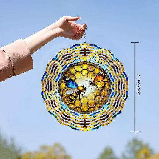10 Inch Bee Wind Spinner, 3D Stainless Steel Hanging Kinetic Wind Sculpture for Home Garden Yard Art Lawn Balcony Window Porch Outdoor Indoor Decor