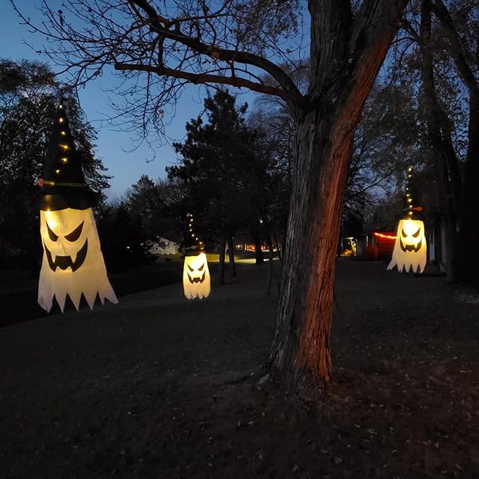 BokingOne Halloween Decorations Outdoor 3Pcs Large Size Hanging Lighted Glowing Ghost Witch Hat Decor with Lights String for Party Indoor Outside Ornaments and Yard Tree Garden