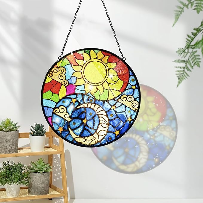 Suncatcher Indoor/Outdoor Stained Glass Window Hanging - Sun and Moon Handmade Stained Glass Suncatchers Hanging with Hook and Chain - Decoration for Home Garden Christmas Wedding Housewarming Gifts