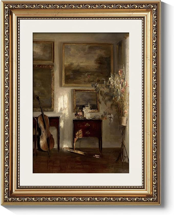 ARPEOTCY Vintage Gold Framed Wall Art, Still Life Interior Cello Paintings, Aesthetic Canvas Prints Artwork with Frame, Classical Victorian Wall Decor for Living Room Bathroom Bedroom 11x14 inch