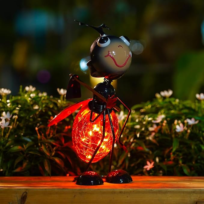 Solar Ladybug Lantern Outdoor Waterproof - Crackle Glass Globe LED Light, Cute Metal Bug Tabletop Lamp for Yard Patio Garden, Gift for Mom Women Grandma Housewarming
