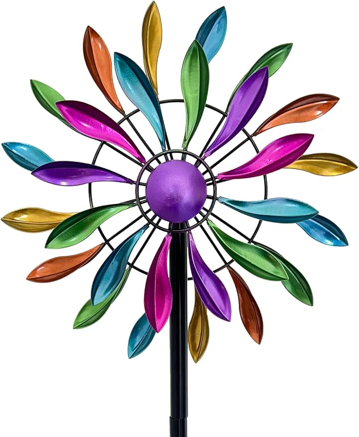 Wind Spinners Outdoor Metal, 360° Kinetic Wind Spinner with Stake, Metal Garden Yard Patio Lawn Windmill Decor (12.6" Dia, 56.7" H, Rainbow Petal)
