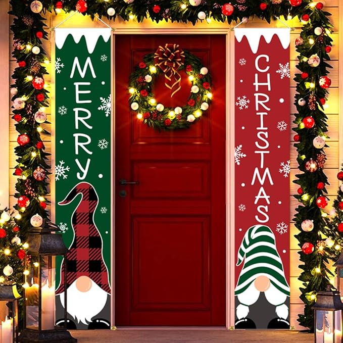 Ivenf Christmas Decorations Outdoor Yard: Cute Red Green Gnome Tomte Front Porch Sign Door Banner, Hanging Merry Christmas Decorations for Home, Indoor Outdoor Xmas Decor Wall Front Door Yard Garage