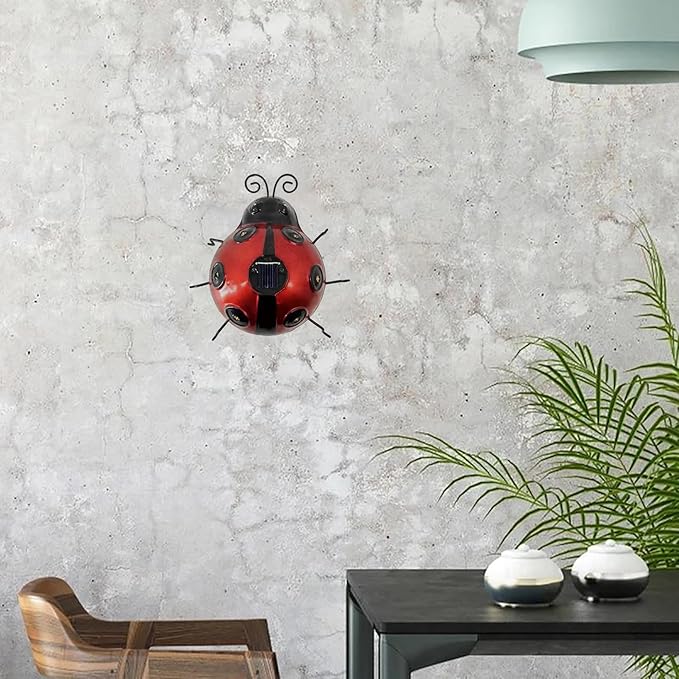 keeda Solar Ladybugs Garden Decor, Waterproof 5.5 Inch Metal Lady Bugs Cute Wall Art LED Garden Light Outside Decor for Porch Lawn Patio Balcony Pathway (Red)