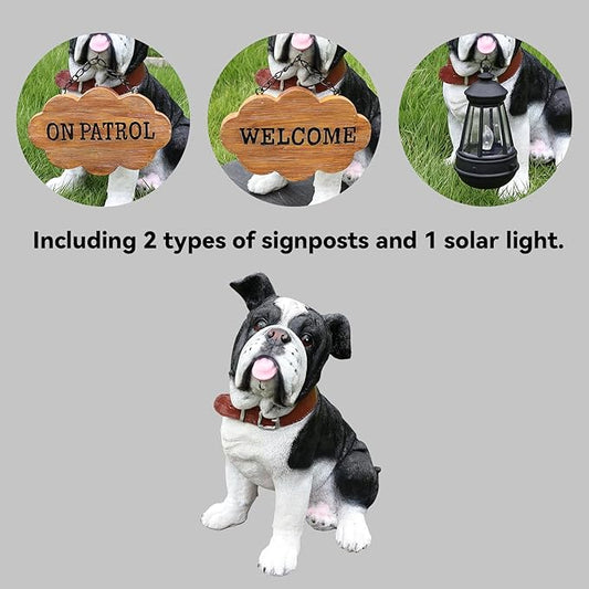 Outdoor English Bulldog Dog Statue with Interchangeable Welcome sign and Detachable Solar Lantern –LED Light Garden Dog Sculpture Décor Garden Statue Outdoor dog statue Cute Puppy Yard Porch Gift