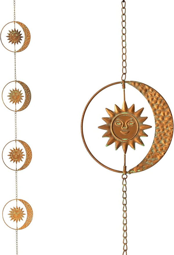 Glitzhome 8.5ft Rain Chain for Gutters 8-Piece Faux Copper Patina Finish Sun and Moon Catcher Replacement for Downpout