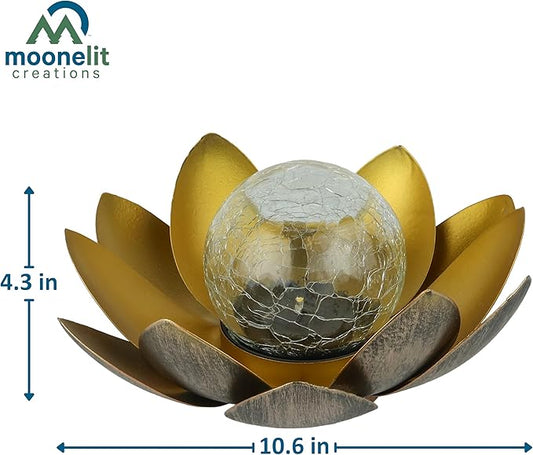 MCSLOTUS-G Gold Lotus Flower Solar LED Garden Light with Crackled Glass Globe – Waterproof Metal Outdoor Décor
