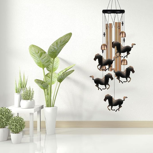 Outdoor Bronze Horse Wind Chimes Decoration, Gifts for Mom, Home, Garden, Balconies, Rooms, Patio, Indoor, Horse Chimes, 4 Aluminum Tubes 5 Horses Wind Chime, Horse Wind Catcher, Horse Wind Bell Gift