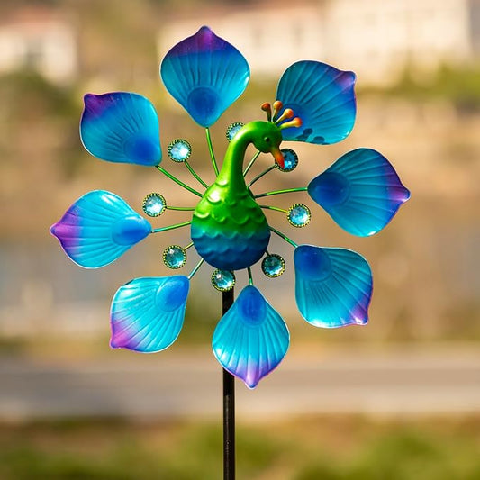 44" Peacock Garden Wind Spinners - Metal Outdoor Stakes Kinetic Wind Spinner Windmills Decor, Wind Sculpture Yard Art Decorations for Patio, Lawn & Garden