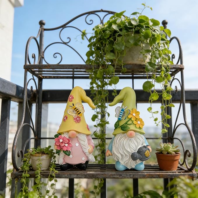 Spring Gnome Figurines Set of 2, Floral Garden Decor with Bee and Butterfly, Yellow and Green Hats, Resin, 4.53 inches Height (Yellow and Green)
