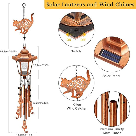 Large Solar Cat Wind Chimes with Wind Catcher/Solar Decor Light to Create a Zen Atmosphere Decor for Outdoor Garden Patio Balcony, Classic Bronze Wind Chimes, Gifts for Mom Grandma Women Wife Daughter