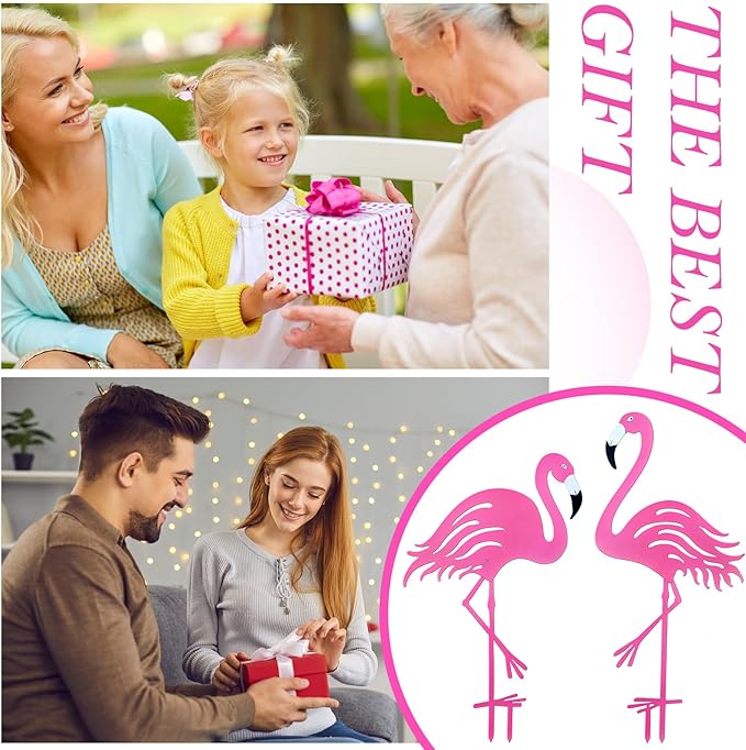 Riakrum 4 Pcs Flamingos Outdoor Yard Decor Pink Metal Flamingos for Yard Garden Large Bird Statue Ornaments for Lawn, Patio Outside Art Decor