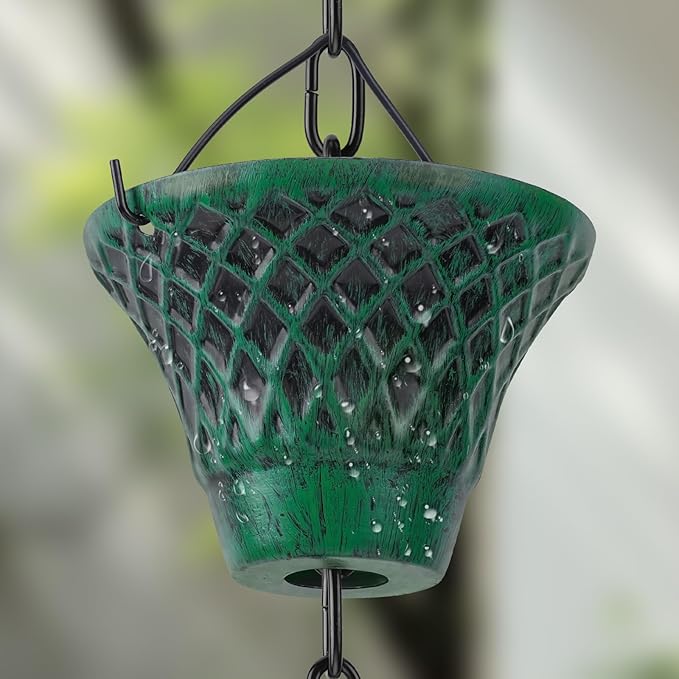 Retro Green Cup Rain Chain, 103.9" Metal Rain Catcher Chain for Gutters, Decorative Outdoor Rain Chain with Distressed Finish, Garden Downspout Diverter Replacement Ornament