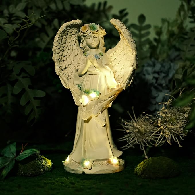 Solar Garden Statues Outdoor Decor Resin Lights Garden Angel Statues for Outside Lawn Yard Patio Balcony Art Sculptures Gifts for Mom Women