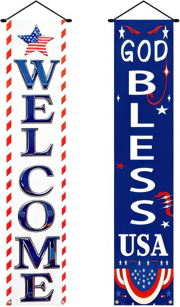 BlissYard 2Pcs Welcome Patriotic Door Banner 4th of July Decorations American Banners Hanging Porch Signs Decor for Independence Memorial Day Veterans Labor Day for Yard Indoor Outdoor Supplies