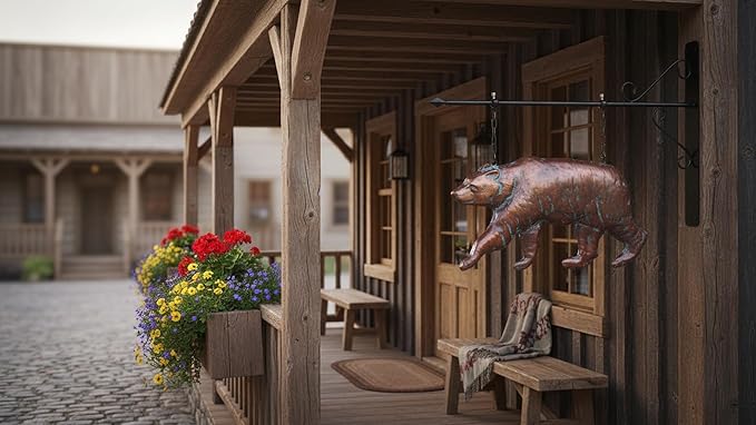 Bear Statue Outdoor Haning Decor for Yard and Garden,27“L x 22”H Vintage Grizzly Garden Statues and Sculptures with Arrow & Bracket,Antique Copper Walking Bear Metal Yard Art for Outside Porch