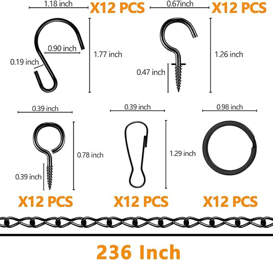 Metal Hanging Chain, 236 Inch Black Chains for Plants, 12×S Hooks, 12×Buckles, 12×Rings, 24×Screw Hooks for Bird Feeder, Planter, Wind Chimes (Black)