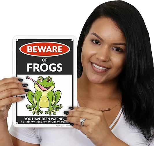 SmartSign Funny Beware Of Frogs Warning Sign - 10"x7", 40 mil Laminated Rust-free Aluminum - Metal Signs for Wall Decor, Outdoors, Patio, Gifts, Cafe - Frogs Theme, Made in USA