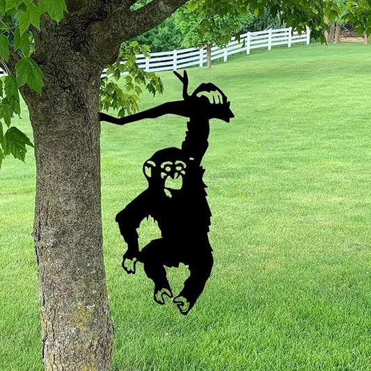 FJXQTCXD Hanging Monkey Tree Stump Plug-in Art Silhouette Metal Wall Art Home Garden Yard Patio Outdoor Statue, Yard Art Decor
