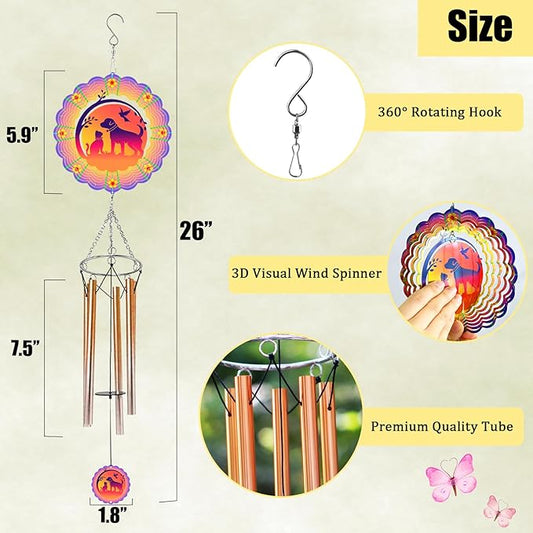 Wind Chimes with Dog Cat Pet 3D Display Wind Spinner for Outside Garden Patio Yard Decor, Metal Decorative Windchimes Outdoor Hanging Gift for Mom Women Grandma Wife, for Christmas, Birthday