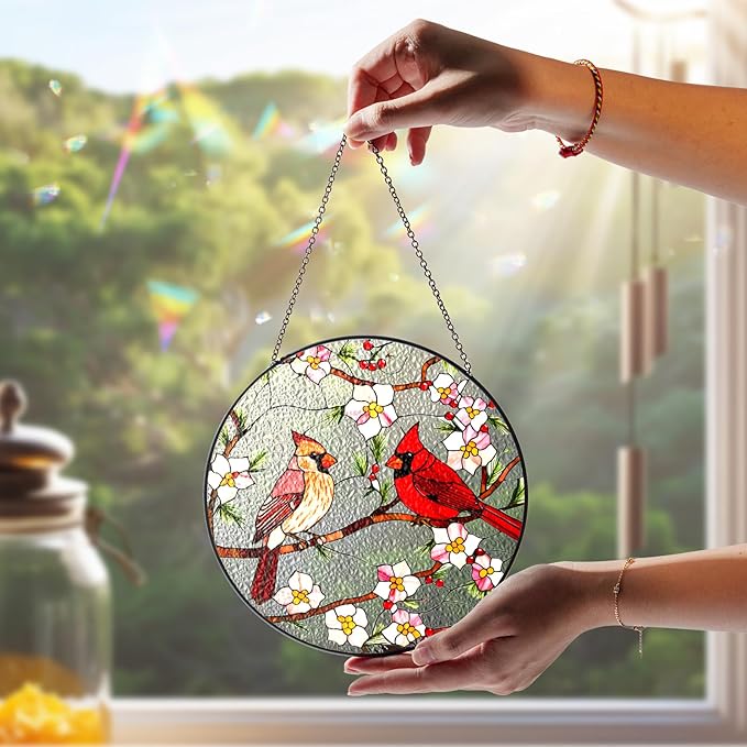 7.8" Cardinal Stained Glass Suncatcher, Cardinal Bird Suncatcher Crystal Window Hanging, Sun Catcher Red Birds for Window, Cardinals Gifts for Women, Mom Gift for Mothers Day, Bird Decor Memorial Gift