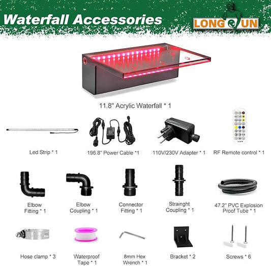 LONGRUN 30cm Pond Waterfall Blade,Acrylic Pool Fountain with RGB Bluetooth LED Light, Complete Waterfall & Stream Kits for Outdoor Water Features