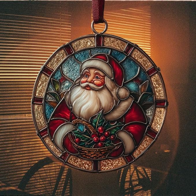 Santa Giving Presents Acrylic Suncatcher Stained Glass Effect Window Car Hanging Christmas Ornament Indoor Outdoor Decor Garden Sun Catcher Panel for Women Mom Grandma
