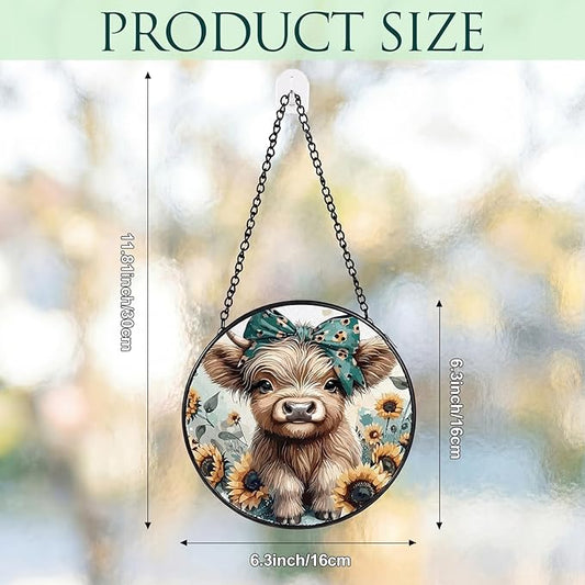 Mifoci 6.3 Inch Stained Glass Window Hanging Highland Cow Suncatchers Indoor Window Gifts for Highland Cow Lovers Room Office Decor Aesthetic