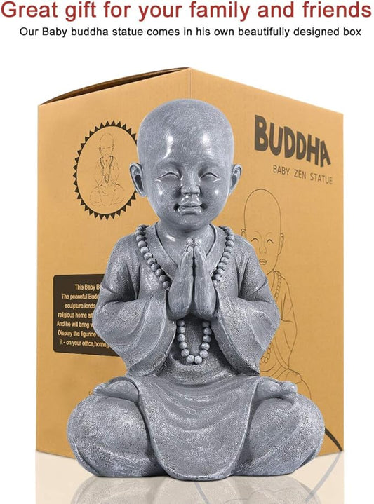 Goodeco Meditating Baby Buddha Statue Figurine - Zen Garden Monk Sculpture,Indoor/Outdoor Decor for Home,Garden Patio Deck Yard Art Decoration- with Natural Wood Beaded Necklace 11.2" (Gray)