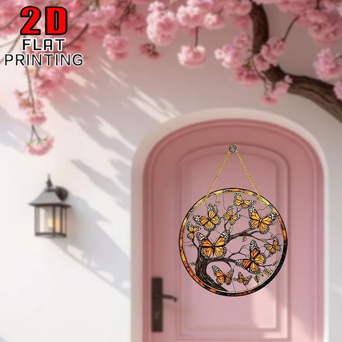 7.87Inch Butterfly Sun Catcher Acrylic Garden Cute Yellow Tree of Life Stained Suncatcher Decor Colorfu Glass for Wall Home, Garden, Housewarming Women Neighbor Decor Gifts for Mom