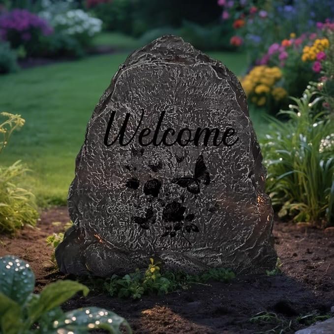 Garden Stone Sculpture with Roses and Butterflies, Solar Resin Outdoor Sculpture, Suitable As A Grave Decoration for Gardens, Lawns, Cemeteries, Memorial Gifts, Home Decoration