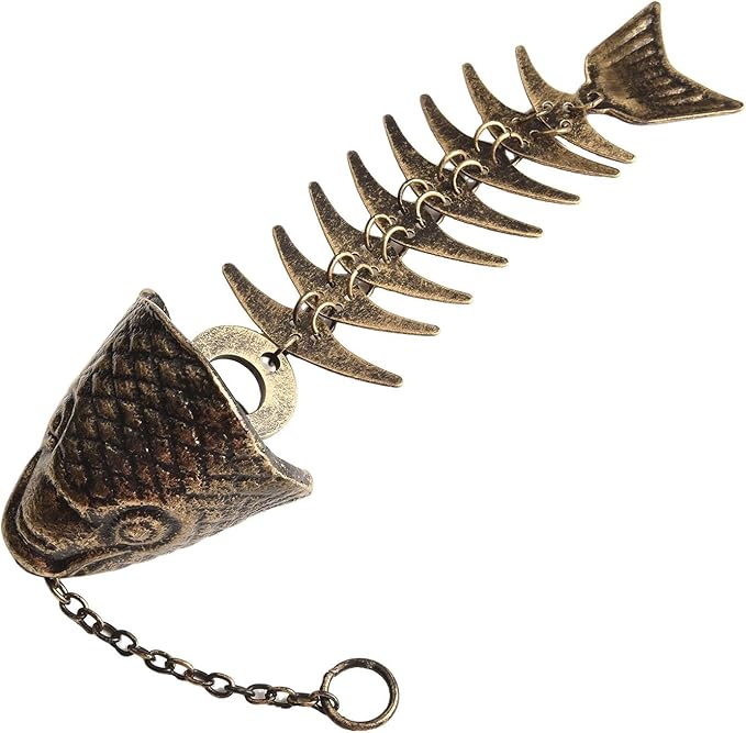 Metal Fishbone Wind Chimes Outdoor Garden Hanging Bell Decoration in Rustic Style Iron Construction 30 cm Size for Patio Yard Balcony