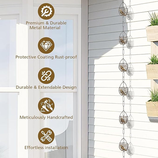 8.5 Ft Rain Chain, Thick Metal Rain Gutter Chains, Adjustable Rain Catcher Chain for Eaves Drainage, Replacement for Downspout, Outdoor Decor