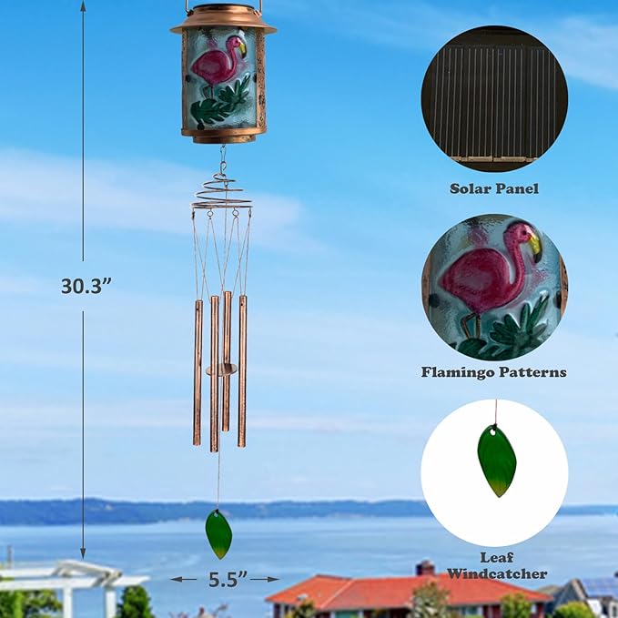 Solar Wind Chimes for Outdoor, Flamingo Garden Decorations Memorial Wind Chimes Deep Tone, Sympathy Windchimes for Outside Garden Décor, Gifts for Mom, Grandma-Flamingo