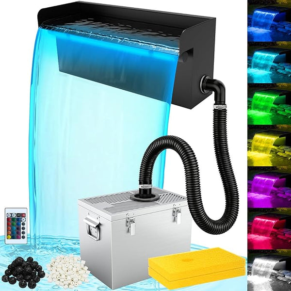 All-in-1 Pond Waterfall Kit with LED Light, 8-inch Stainless Steel Spillway with 660GPH Pump Filter Box, 3-Stage Filtration Outdoor Waterfall for Water Feature, Garden, Backyard, Pool