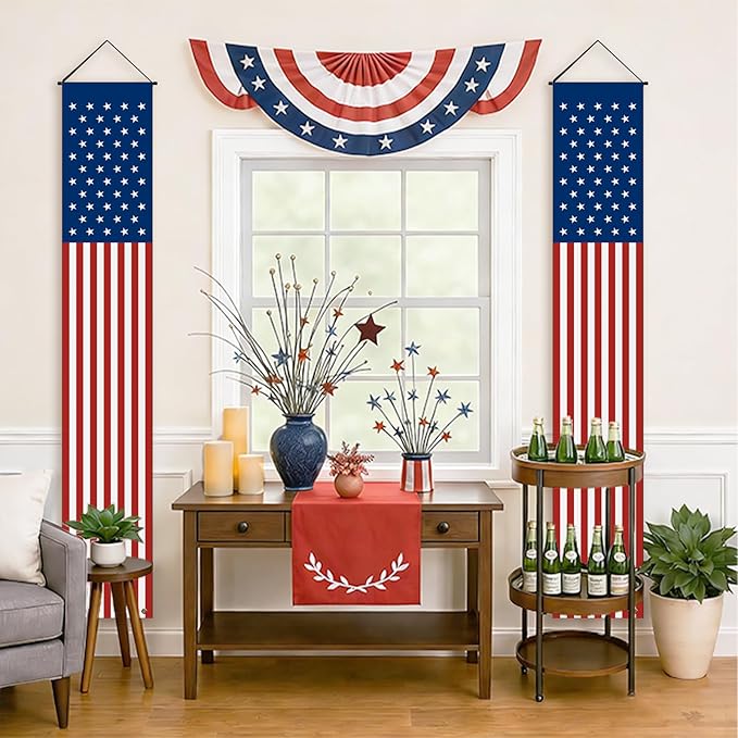 Memorial Day 4th of July Decorations, 2pcs 71x13 Inch Hanging American Flag Door Banner, America 250 Anniversary USA Flag for Home School Office Yard Front Porch Patio Garage Patriotic Décor
