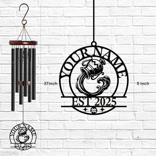 Personalized Customize Name 12 Zodiac Signs Wind Chime, Metal Iron 37 Inch Outdoor Memorial Gift for Garden Yard Patio Home Decor, Black (Aquarius)
