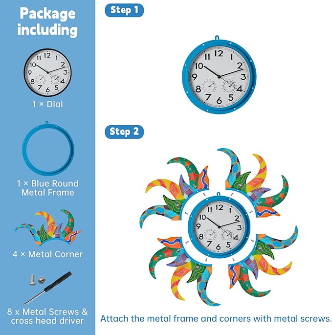 Large Blue Sun Outdoor Clock with Thermometer and Hygrometer Combo, Silent No-Ticking Outdoor Wall Clock, Waterproof Quartz Clock for Patio, Living Room, Kitchen, Garden, 25 Inch